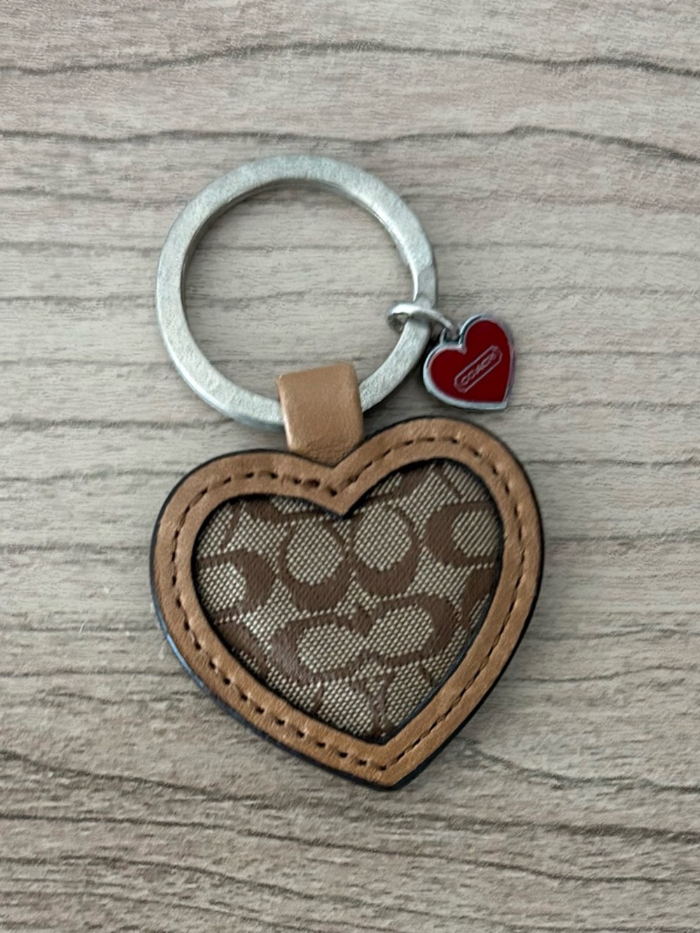 Coach vintage Heart- Shaped Signature Key Fob in Brown Tan with Red Charm